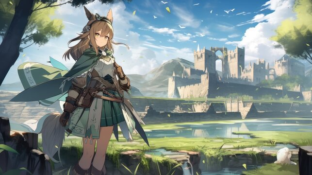 High Fantasy Female Character, Anime Girl, Fantasy Background, Concept Art, Digital Illustration, Generative AI
