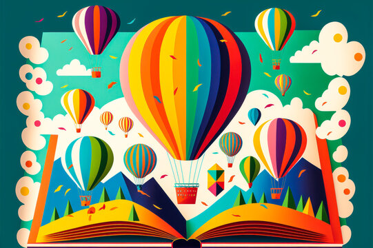 An open book releases a flight of hot air balloons symbolizing freedom and adventure. Whimsical painting with bright and cheerful colors for an impression of fun and optimism. Generative AI