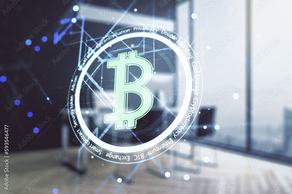 Poster creative bitcoin concept and modern desktop with computer on background. multiexposure