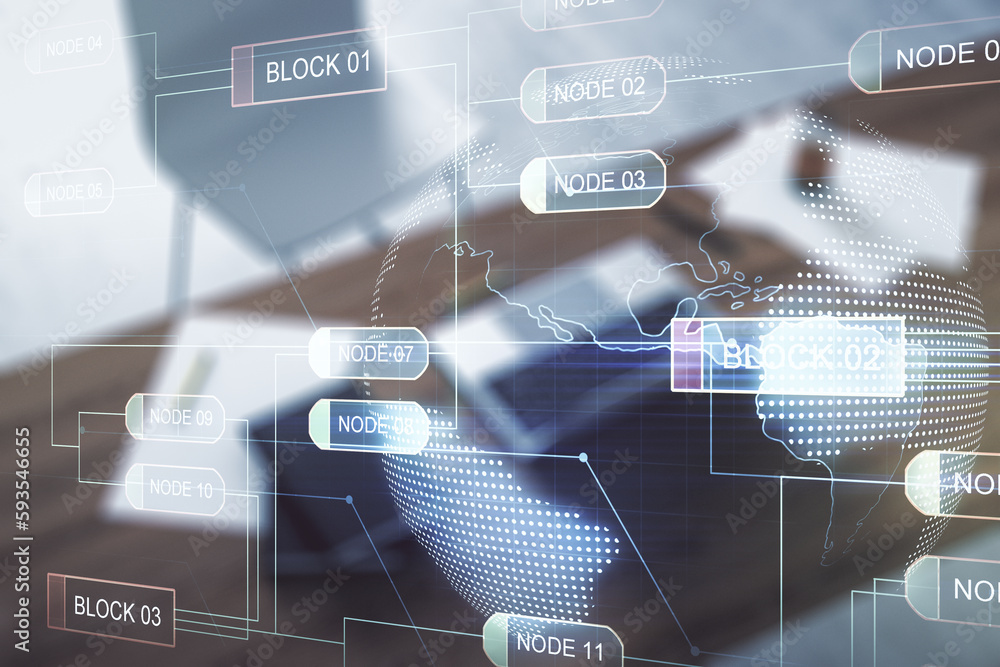 Poster multi exposure of abstract software development hologram with world map and modern desktop with lapt