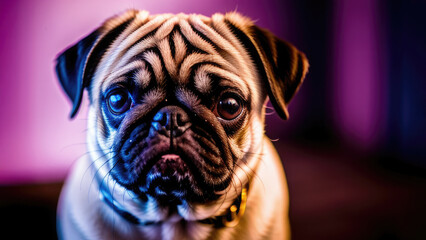 Pug puppy on burgundy background