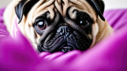 Obraz premium Pug puppy on burgundy background