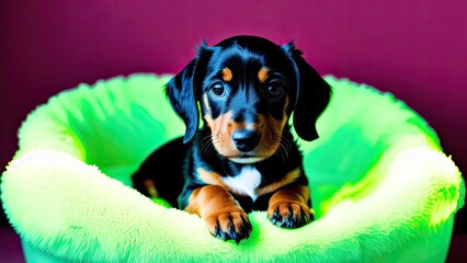 Dachshund puppy on burgundy background