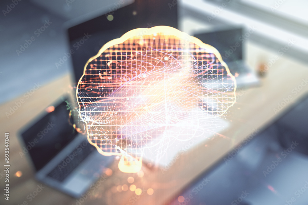 Aufkleber Creative artificial Intelligence concept with human brain hologram and modern desktop with computer on background. Multiexposure