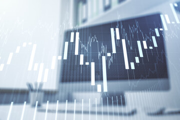 Multi exposure of abstract creative financial chart and modern desktop with laptop on background, research and analytics concept