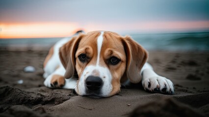 A beagle puppy lying on the beach