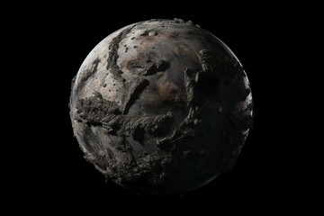 Isolated planet. Cement earth planet in gray hues on black background. Generative AI