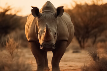 Rhino stands in the grass in the African savannah and looks at the camera. Endangered fauna of the African savannah. Generative AI