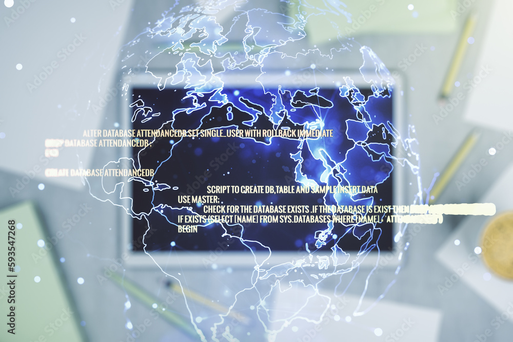 Poster abstract creative coding concept with world map and modern digital tablet on background, top view. m