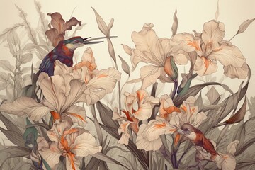 Drawing of flowers irises and bird in modern style, tropical print pattern natural element on beige background, trend art botanical design, vintage colors. Generative AI