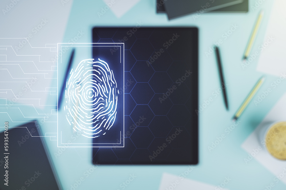 Aufkleber Multi exposure of abstract creative fingerprint illustration and modern digital tablet on background, top view, digital access concept