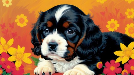 cavalier king charles spaniel sits in a field of flowers