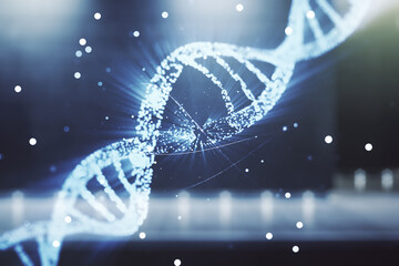 Double exposure of creative DNA hologram on modern business center exterior background. Bio...