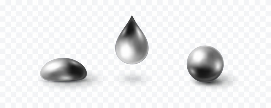 Chrome metal ball and droplet isolated on transparent background. Vector 3D mercury, liquid silver blob, steel sphere, metallic paint drop or glossy grey bubble with shadow