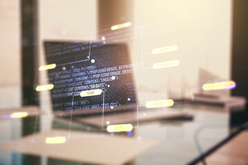 Multi exposure of abstract creative coding sketch on modern laptop background, artificial intelligence and neural networks concept