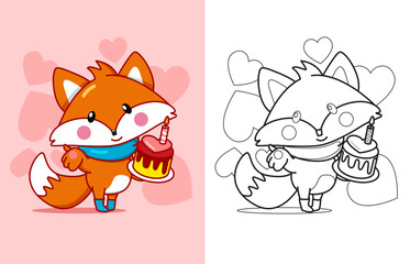 Naklejka premium Cute cartoon lovely red fox with large heart cake happy valentines day. Coloring book or page. Vector illustration