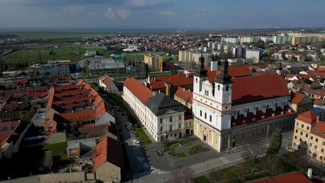 High angle view of Trnava St John the Baptist Cathedral in Trnava, Slovakia, 4k