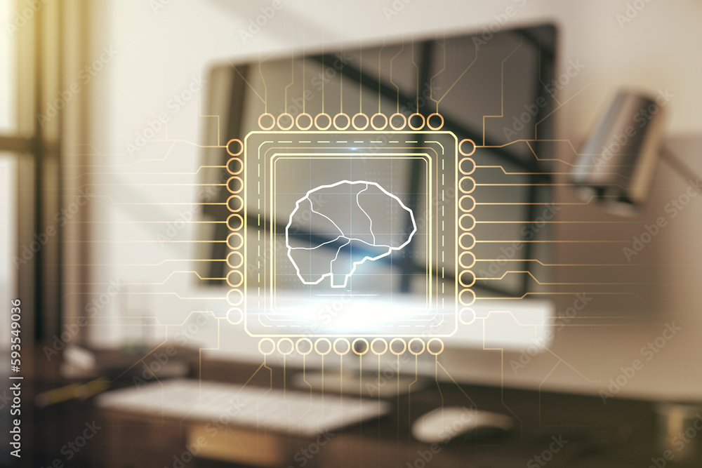 Aufkleber double exposure of creative artificial intelligence symbol with modern laptop on background. neural 