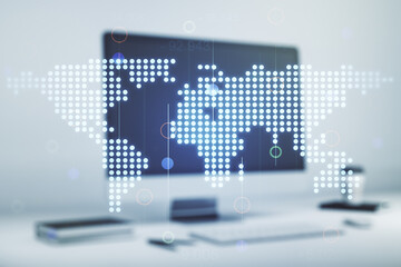 Abstract creative digital world map on modern computer background, globalization concept. Multiexposure