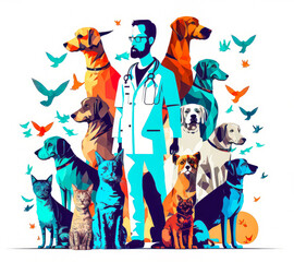 A caring veterinarian surrounded by a cat, a dog and some happy birds. A dynamic illustration to show kindness and gratitude. Generative AI