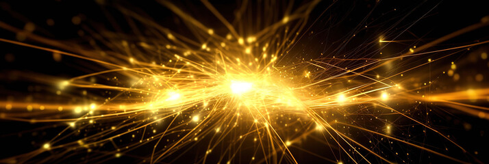 Banner gold tech futuristic web, science and technology, golden glowing rays with flickering particles, lines, dots, glitter effect on dark background. generative ai.
