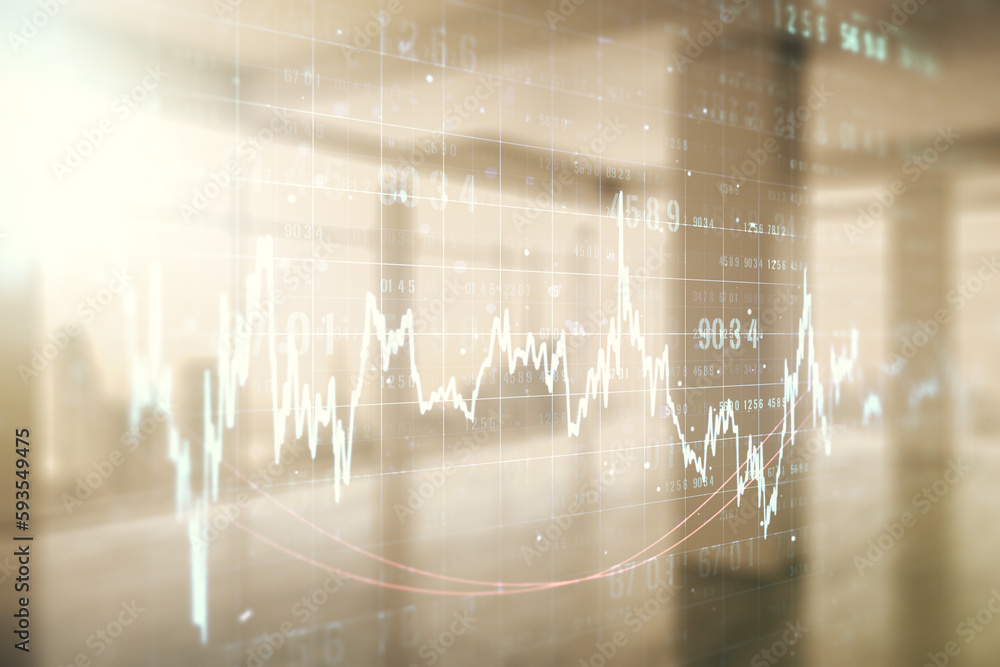 Poster multi exposure of virtual abstract financial diagram on abstract empty interior background, banking 