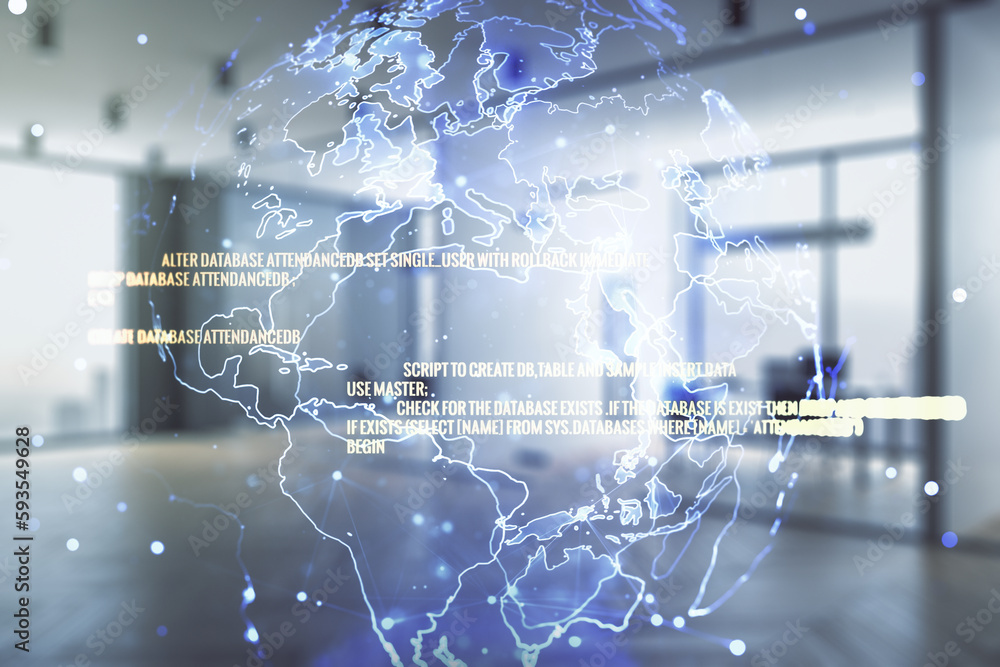 Poster double exposure of abstract programming language hologram and world map on modern corporate office b