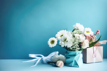 Bouquet of different flowers lies on a festive box, blue background, Nurse's Day, birthday, wedding. AI generated, illustration