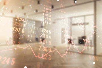Fototapeta premium Abstract virtual stats data hologram on a modern furnished office background. Multiexposure