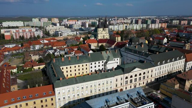 Vacation destination, Trnava, Slovakia, aerial view of Saint Nicolas Church, 4k