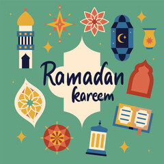 Ramadan Kareem Flat Greeting Card. Vector Illustration of Religious Islam Arabic Concept.