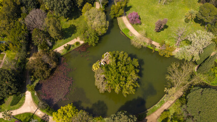 Aerial view of the lake of the nymphs in the Royal Palace of Caserta also known as Reggia di Caserta. It is a former royal residence with large gardens in Caserta, near Naples, Italy.