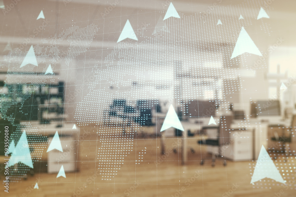 Poster abstract virtual gps locator sketch with world map on a modern furnished classroom background, monit