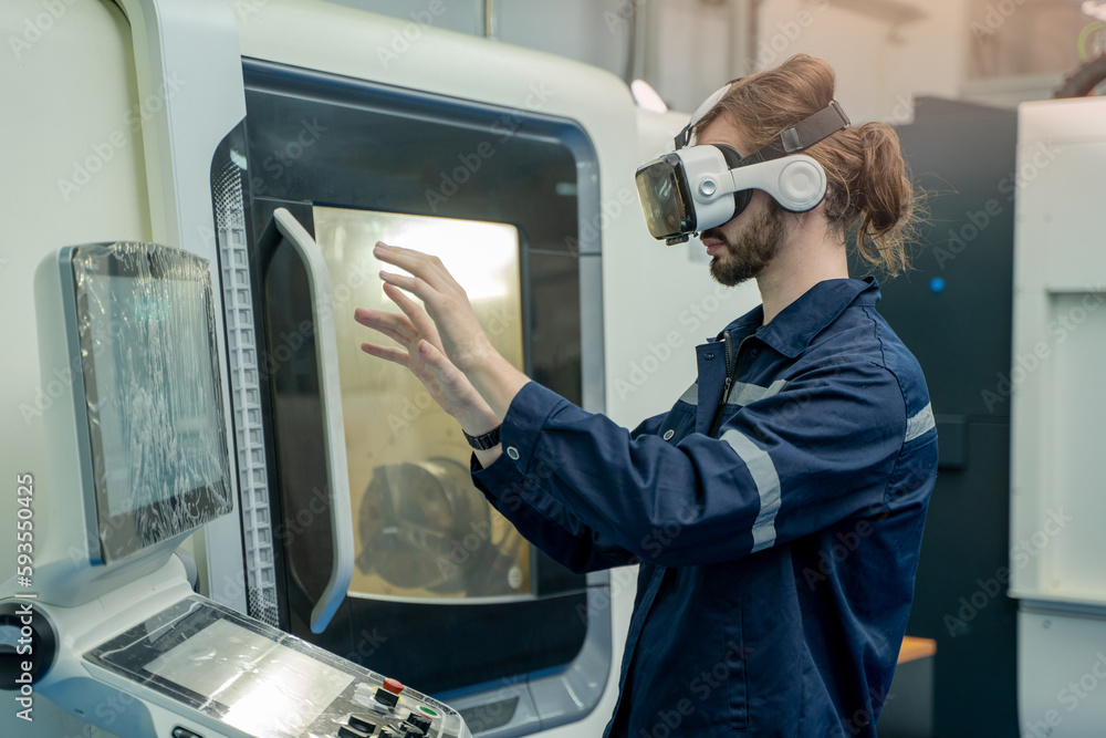 Poster Engineer are using virtual AR to maintain and check the work of CNC machine in the 4.0 smart factory.