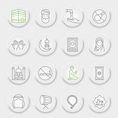 Ramadan line icon set, islamic holiday symbols collection, vector sketches, neumorphic UI UX buttons, islam icons, muslim day signs linear pictograms