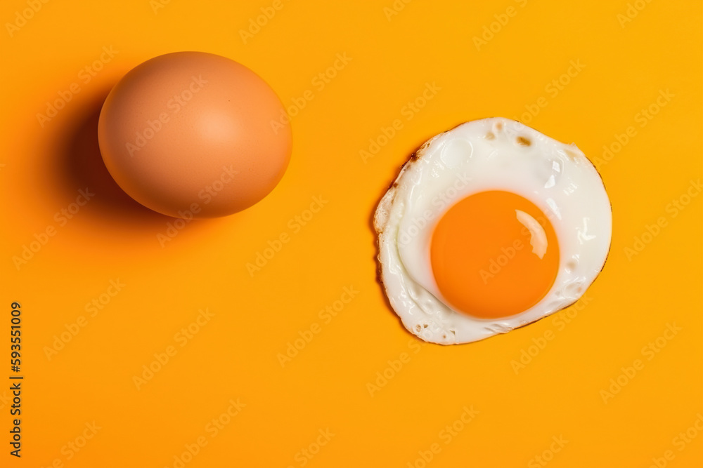 Poster An egg and an egg shell on a yellow background. AI generative image