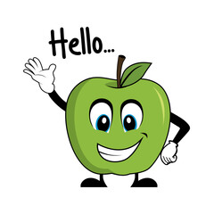 Green apple cartoon character saying hello. Suitable for poster, banner, web, icon, mascot, background