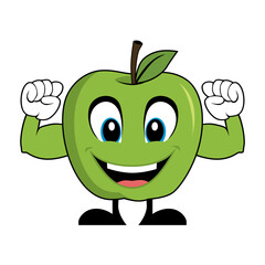 Green Apple Cartoon Character with Muscle Arms. Suitable for poster, banner, web, icon, mascot, background