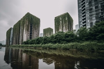 Fototapeta na wymiar a group of tall buildings with green plants growing on the sides of them and a river running between them in front of a cloudy sky. generative ai