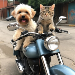 cat and dog riding scooter on the street