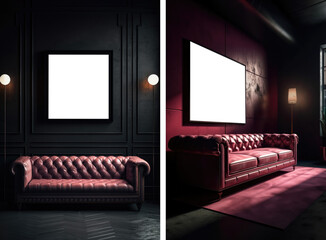 Luxurious interior with pink leather sofa in the low-key mood with  PNG transparent mockup frame for image design generative ai. Set of room designs
