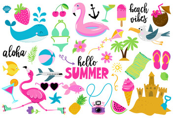 Cute summer sticker collection with flamingo, tropical flowers and other elements. Good for summer poster, card, stickers, label, invitation. Hand drawn premium bundle.