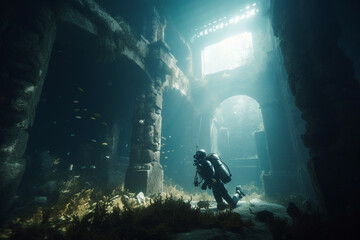 Fototapeta na wymiar Exploring the Ancient Sunken Ruins: Divers Beneath the Waves