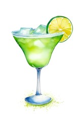 Watercolor illustration of a mojito cocktail isolated on white background. Generative AI.