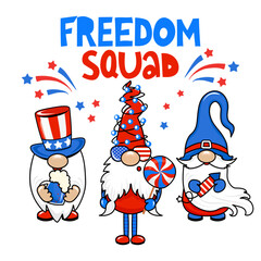 Freedom Squad - Cute gnomes in 4th of July costume. Set of funny scandinavian elves with firework, balloons and flag. Happy 4th of july. Vector illustration in cartoon style.