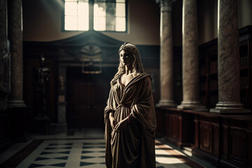 Naklejka premium A statue of a woman stands in a dark room with columns and a window in the background.