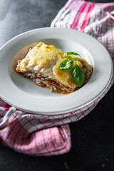 lasagna classic dish bechamel sauce, minced meat, grated cheese healthy meal food snack on the table copy space food background rustic top view