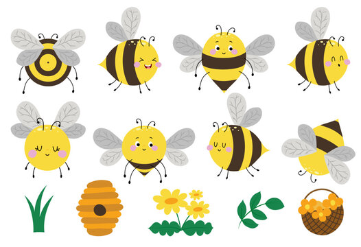 Cute cartoon bumble bee collection with flowers and honey, yellow insect with stripes. Funny bees, flower buds and foliage pack bundle for summer collections.