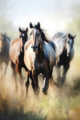 Fototapeta premium Grazing Horses on a Sepia-toned Meadow: An Aquarelle Painting