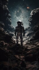 Fototapeta na wymiar Extraterrestrial Terrain: Astronaut Discovering Cosmic Universe - Generative ai